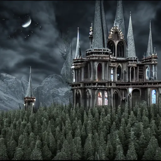 Image similar to dark gothic palace, gothic palace made, GOTHIC PALACE! of rock with tall spires, bristlecone pine trees, ultrawide cinematic 3d render, dark dramatic skies, atmospheric, vultures