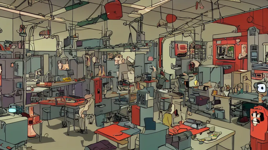 Image similar to inside view of dexter's laboratory, animated, high detail, machines