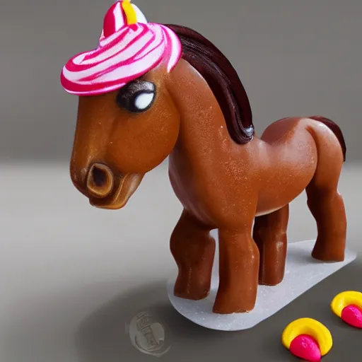 Image similar to a pony made out of candy and sweet and deserts, very detailed, very smooth, very realistic, pov,