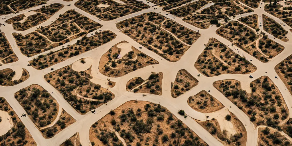 Image similar to Aerial Photo of nostalgic abandoned desert oasis, photo realistic, isometric, tilt shift, bokeh, award winning, trending, 8k, HD