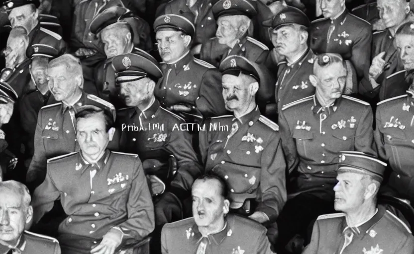 Prompt: 50s movie still of very diverse soviet generals officers marshal and politics head with very detailed faces in a stalinist parlement, by Alexei Guerman, Cinestill 800t 35mm black and white, heavy grainy picture, very detailed, high quality, 4k, HD criterion, precise texture, diverse faces, diverse haircuts, diverse ages, precise faces