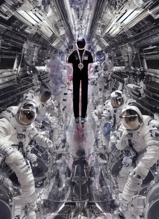 Prompt: astronauts in dark and empty mirrored room - complex and hyperdetailed technical suit. reflection and dispersion materials. rays and dispersion of light. volumetric light. 5 0 mm, f / 3 2. noise film photo. flash photography. ultra realistic, wide angle. poster by wayne barlowe, hajime sorayama aaron horkey, craig mullins