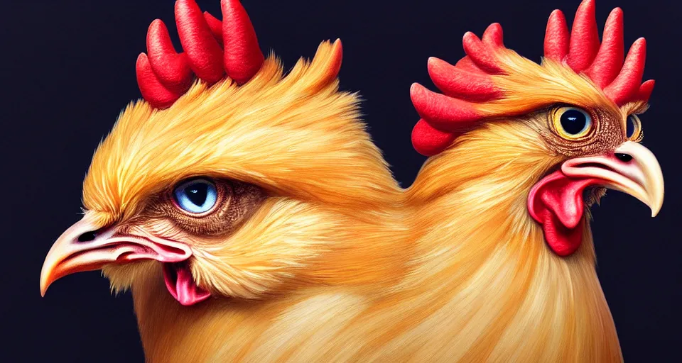 Image similar to a digital painting of a chicken - cat hybrid, hyperealism, award winning, stunning, trending on art - sation, highly detailed, cinematic lighting, 8 k, hd