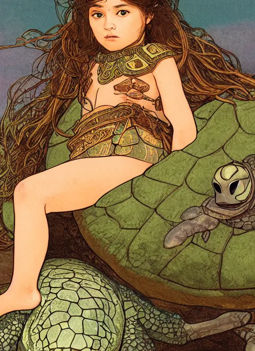 Prompt: portrait of a little warrior girl laying on top of a giant turtle in the desert. the girl has dark skin and beautiful green eyes, realistic body legs and a very beautiful detailed symmetrical face with long black hair. the turtle has a big wise face and closed eyes. diffuse light, dramatic landscape, fantasy illustration by mucha