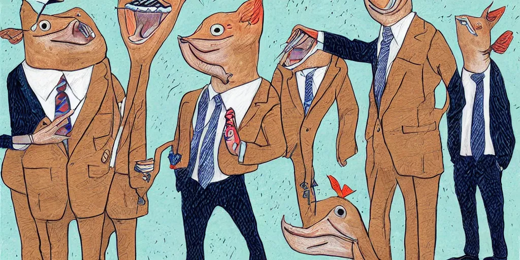 Image similar to anthropomorphic catfish wearing a suit, thumbs upping, by lisa hanawalt, by wanda gag