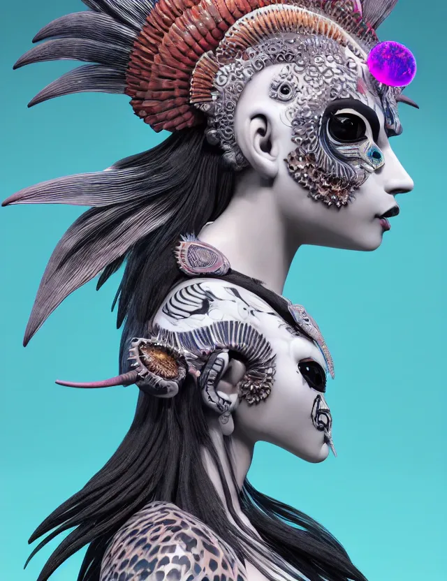 Image similar to 3 d goddess close - up profile simple portrait punk with mohawk with ram skull. beautiful intricately detailed japanese crow kitsune mask and clasical japanese kimono. betta fish, jellyfish phoenix, bio luminescent, plasma, ice, water, wind, creature, artwork by tooth wu and wlop and beeple and greg rutkowski