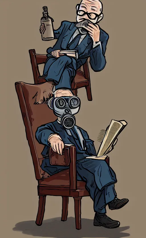 Prompt: old man, work, vintage dress, sittin, chair, book, gasmask, do, what, we, can, then, leave, it, to, god, non fiction, stability, intricate, elegant, 8 k, uhd, justify, content, center, artstation, concept art, matte, sharp focus, illustration, paul, lung