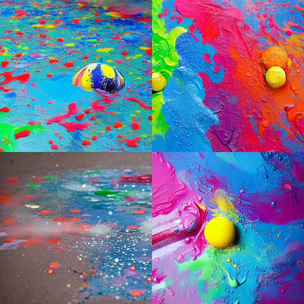 Prompt: ball splashing into a puddle of paint, big splash