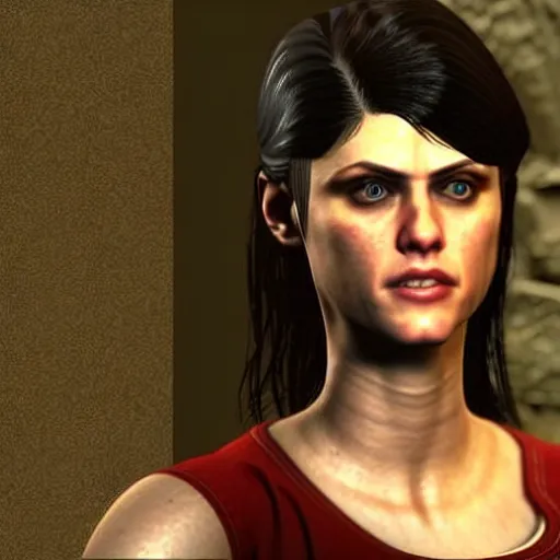 Prompt: a screenshot of alexandra daddario in the video game fallout new vegas. 3 d rendering. unreal engine. amazing likeness. very detailed. cartoon caricature