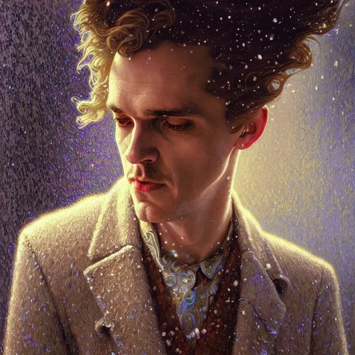 Image similar to psychedelic snowfall Jordan Peterson, diffuse lighting, fantasy, intricate, elegant, highly detailed, lifelike, photorealistic, digital painting, artstation, illustration, concept art, smooth, sharp focus, art by John Collier and Albert Aublet and Krenz Cushart and Artem Demura and Alphonse Mucha