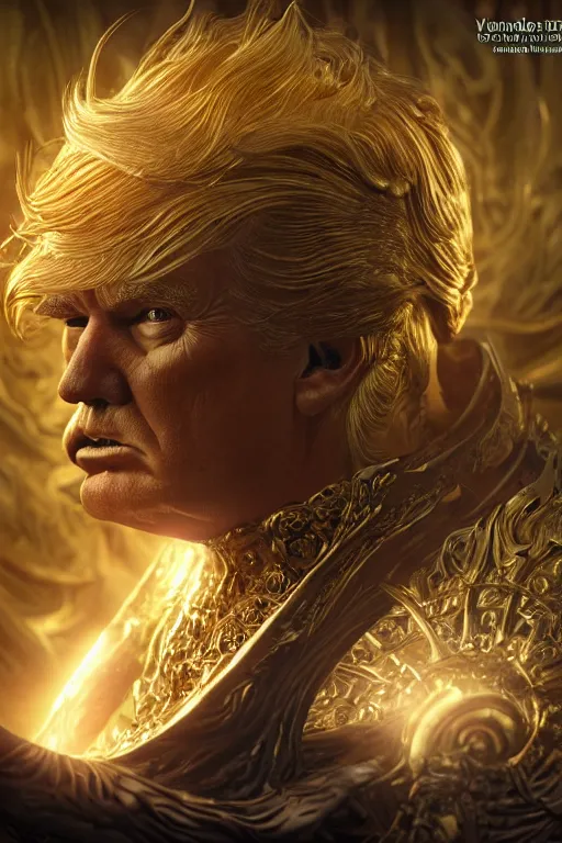 Image similar to an ultra detailed 3 d render of donald trump as an elden ring boss, 8 k resolution, in the style of a fantasy metal album cover, volumetric lighting, smooth, highly detailed, digital illustration, octane render, art by jeong seon and greg rutkowsi and alphonse mucha, artstation