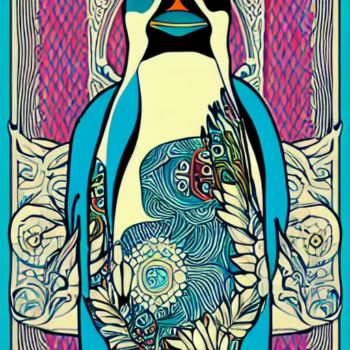 Image similar to powerful penguin in the style of art nouveau. lively. colorful. hd.