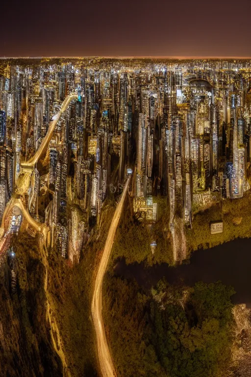 Image similar to photograph of a fantasy metropolis of tall towers at the top of a cliff looking over a river, long exposure, f/6.3, HD