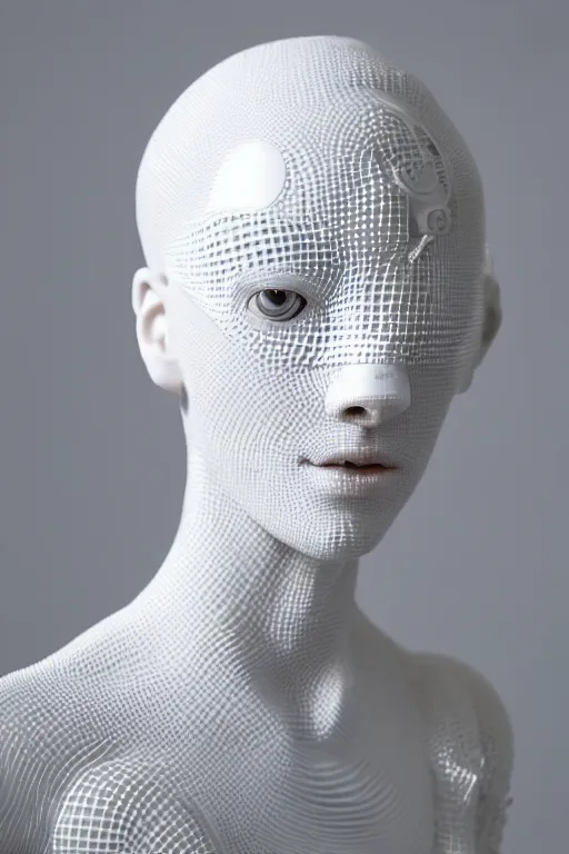 Prompt: full head and shoulders, beautiful female porcelain sculpture with lots of white 3 d cyborg elements, prosthetics, 3 d goggles, smooth, all white features on a white background, delicate facial features, white eyes, white lashes, detailed white, anatomical, transparency by daniel arsham and james jean