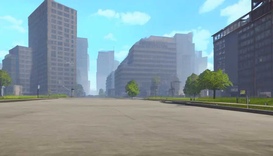 Prompt: large square at the end of the road, buildings in the distance, sunny day, game cg, hyperdetailed