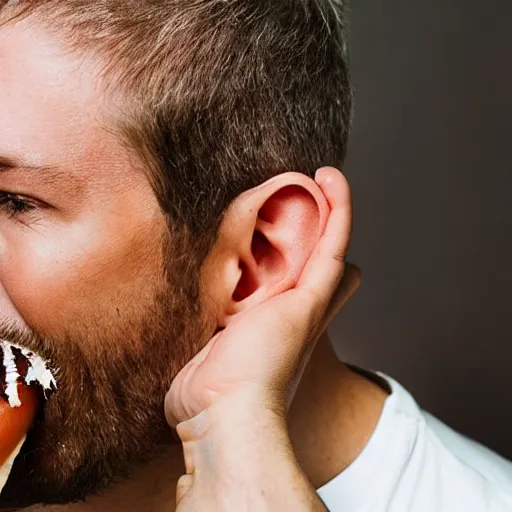 Image similar to man sticking a hot - dog into his ear