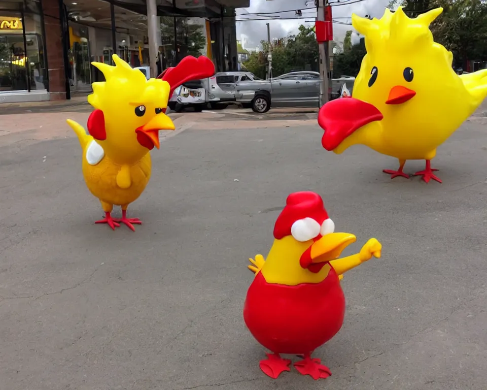 Prompt: the chicken mascot is outside of mcdonald's. it is a yellow chicken with a red mcdonald's hat on its head.