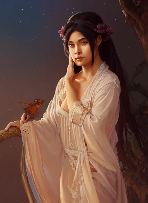 Image similar to cute brown woman wearing a transparent night gown and hanfu face veil, fantasy, intricate, highly detailed, digital painting, artstation, concept art, wallpaper, smooth, sharp focus, illustration, art by artgerm and greg rutkowski and alphonse mucha