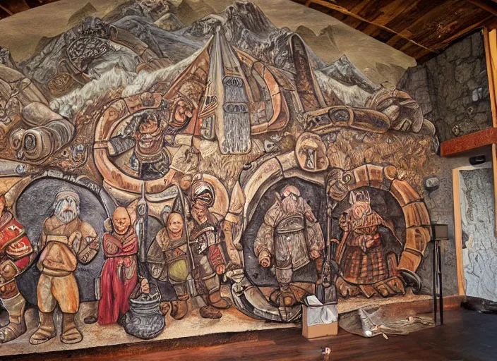 Image similar to dwarven mural depicting a family history of mountain dwarves. a large jewel is the focal point of the mural