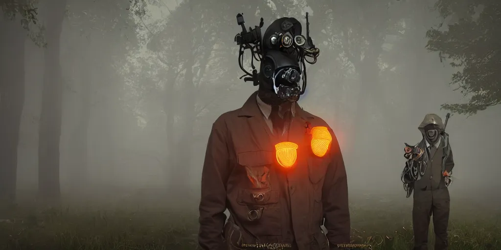 Image similar to a beautifully strange image of a gamekeeper wearing a dieselpunk mechanical fluorescent mystical animal mask. walking in the misty, dangerous river. in style of fornite game. award winning. dramatic. trending on artstation. high quality. rendered by beeple, by makoto shinkai, syd meade, digital art, unreal engine 5, fornite game. octane render