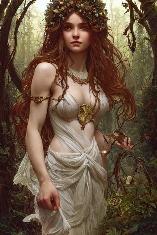 Prompt: beautiful cottagecore aphrodite goddess!!, intricate, magical forest, stunning, highly detailed, digital painting, artstation, concept art, smooth, sharp, focus, illustration, art by artgerm and greg rutkowski and alphonse mucha