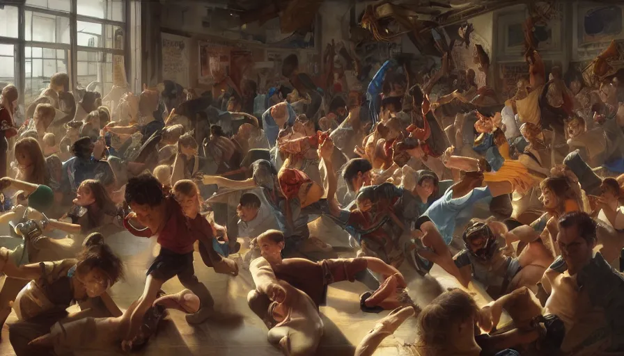 Prompt: kids fighting in a crowded classroom, digital painting, artstation, concept art, donato giancola, Joseph Christian Leyendecker, WLOP, Boris Vallejo, Breathtaking, 8k resolution, extremely detailed, beautiful, establishing shot, artistic, hyperrealistic, octane render, cinematic lighting, dramatic lighting, masterpiece, light brazen, extremely detailed and beautiful face