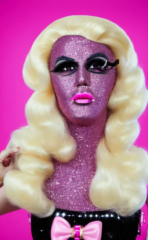 Prompt: 4k art deco portrait of a drag queen with an expression of shock and surprise wearing: heavy drag makeup, pink glitter bodysuit, huge blonde wig with bouffant hairdo, a pink oversized bow on top of wig