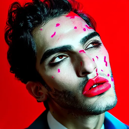 Image similar to representation of Toni mahfud with a sensual facial expression, tim walker photography, rim light, full frame, cinematic lighting, photo-realistic, men's fashion of year photography, colour splash, studio lighting