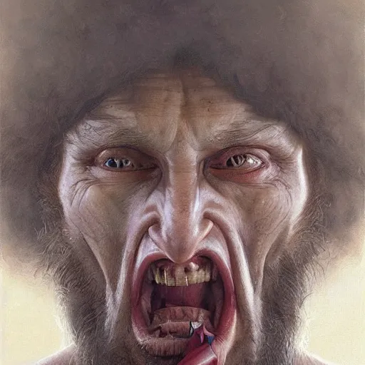 Image similar to vladimir putin, putin caveman, vladimir putin macabre face, by donato giancola and greg rutkowski and wayne barlow and zdzisław beksinski, realistic face, digital art