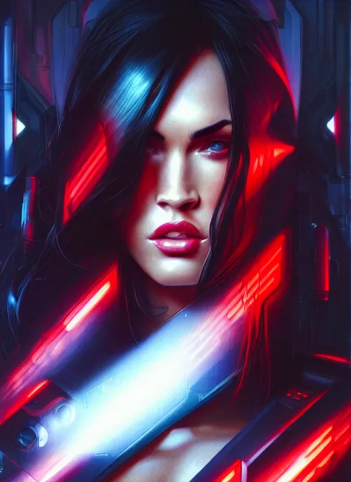 Image similar to portrait of megan fox as v, cyberpunk, technology, science fiction, cd project red, intrigante, headshot, highly detailed, digital painting, artstation, concept art, sharp focus, cinematic lighting, illustration, art by artgerm and greg rutkowski, alphonse mucha, cgsociety