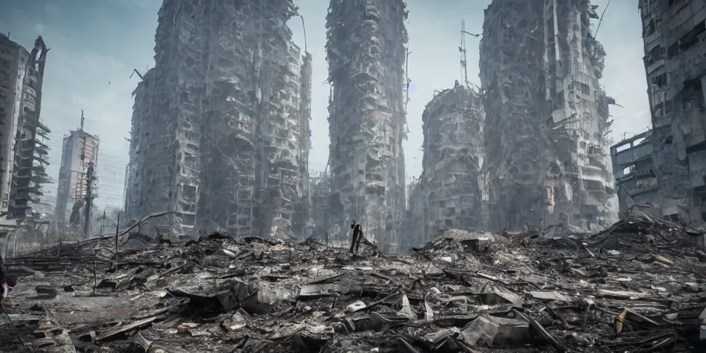 Image similar to one giant minion in the middle of the ruins of cyberpunk moscow after the bombing, a minimum of surviving houses, a dim sky, a dead city