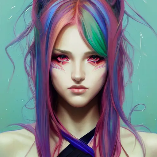 Image similar to portrait of beautiful symmetrical anime girl, rainbow hair, attractive, casual, modern, victoria's secret, highly detailed, digital painting, artstation, concept art, smooth, sharp focus, illustration, art by artgerm, greg rutkowski and alphonse mucha, 8 k,