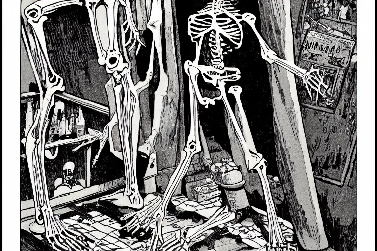 Image similar to decaying skeleton lurking after a woman in a orange dress, in the style of feldstein, johnny craig, wally wood, and jack davis