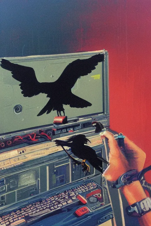 Image similar to a raven digging through 8 0 s era technology, vintage shapes, retro technology, happy color, wayne barlow, oil on canvas, deep depth of field, masterpiece, cinematic composition, hyperdetailed