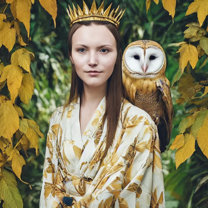 Image similar to portrait photograph of an extremely beautiful!!!! young female , symmetric face!, symmetric round detailed eyes!!, slight smile, natural light, wearing a yellow kimono!! with a very detailed barn owl! on her shoulder in a tropical greenhouse. looking at the camera!!. golden crown made of golden leaves. super resolution. Extremely detailed. Graflex camera!, bokeh!!!!! trending on artstation.