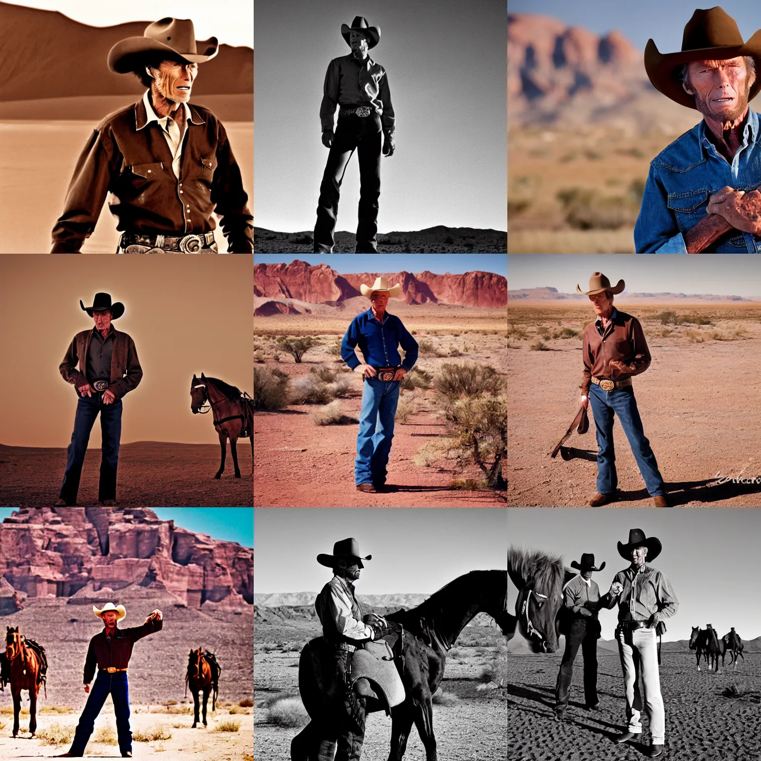 Prompt: clint eastwood as a cowboy, standing with hands on colts. desert in the background. cinematic, 5 0 mm lens