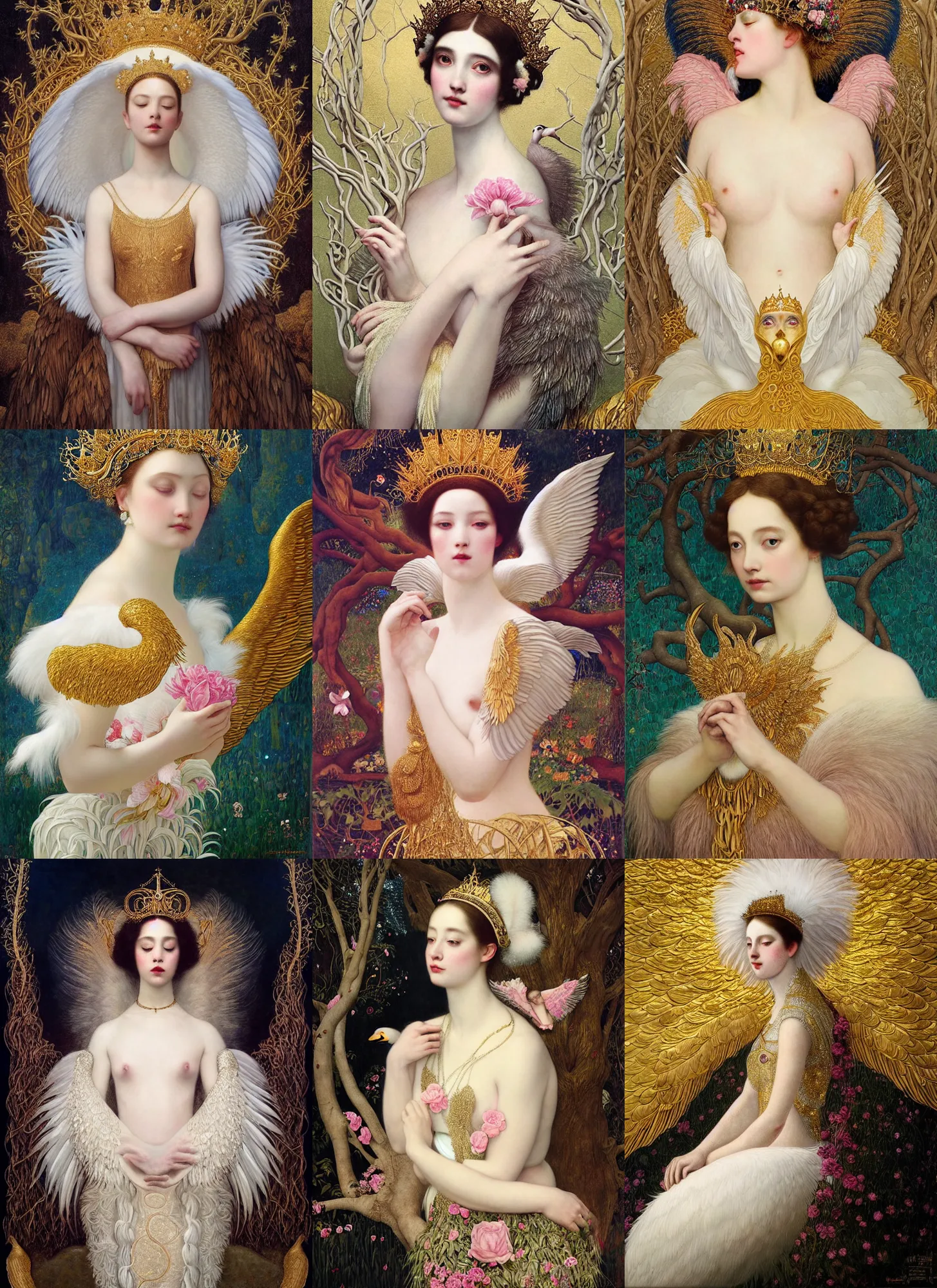 Prompt: “ a majestic portrait of an swan wearing a crown, woman with wings made of branches, white feathers, titian, tom bagshaw, yanjun chengt, maxfield parrish, gustav klimt, high detail, 8 k, intricate, white pink and gold ”