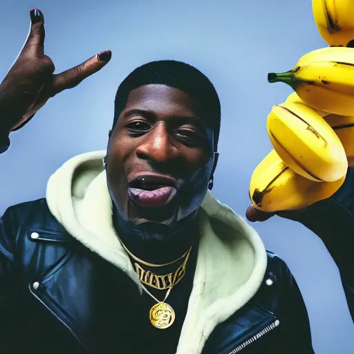 Image similar to angry gucci mane eating bananas in the hood, 8k resolution, full HD, cinematic lighting, award winning, anatomically correct