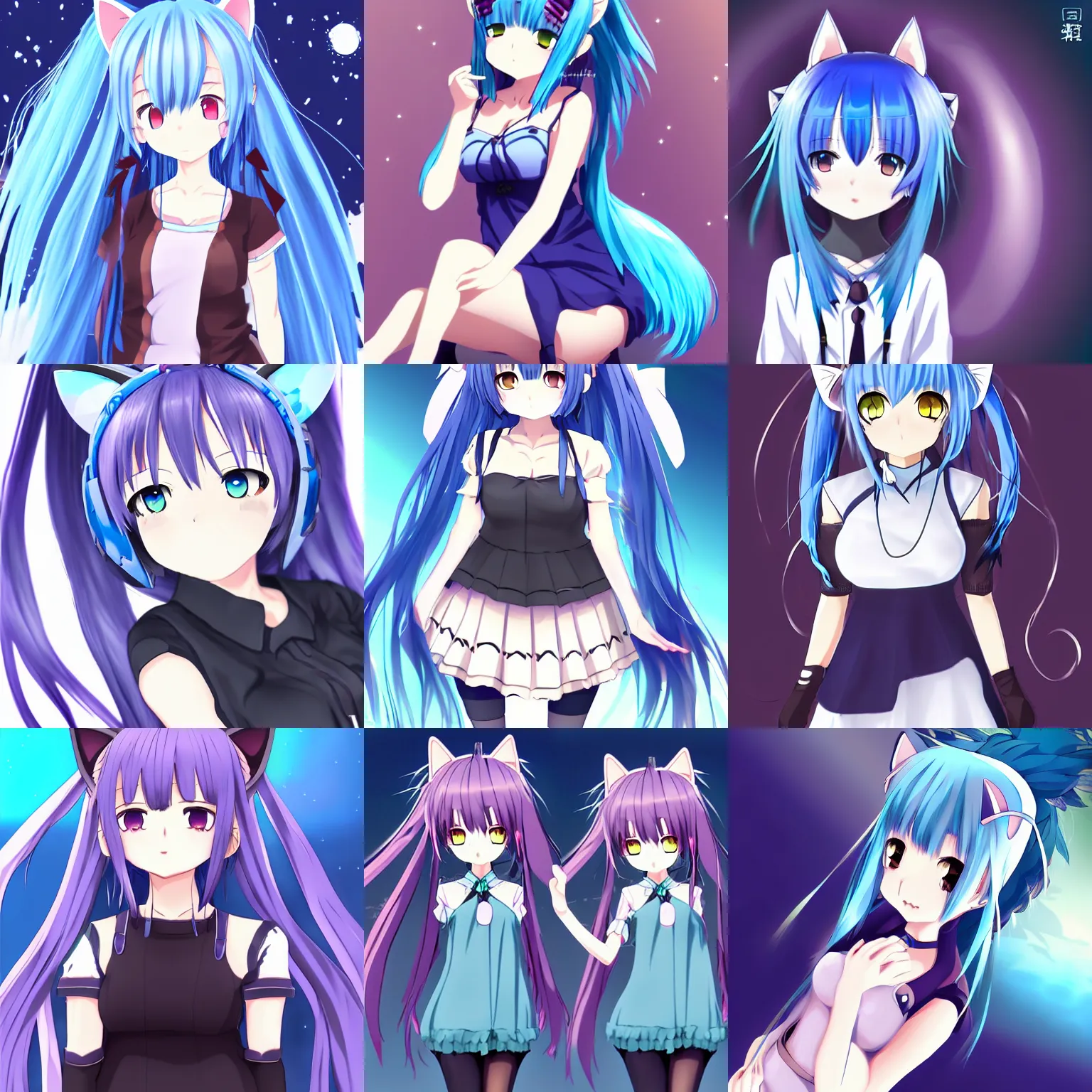 Prompt: nekopara vn modern anime style art blue hair detailed cat ears and eyes cat girl nekomimi dress vibrant nebula sky shinkai makoto Studio ghibli Sakimichan