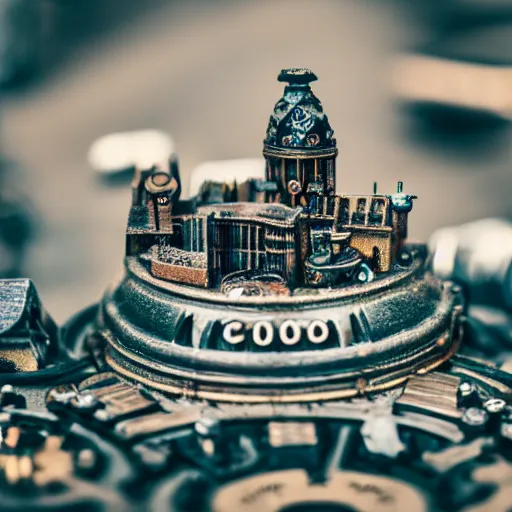 Prompt: macro photo of a miniature steampunk city, canon 8 0 d, canon 1 0 0 mm f / 2. 8