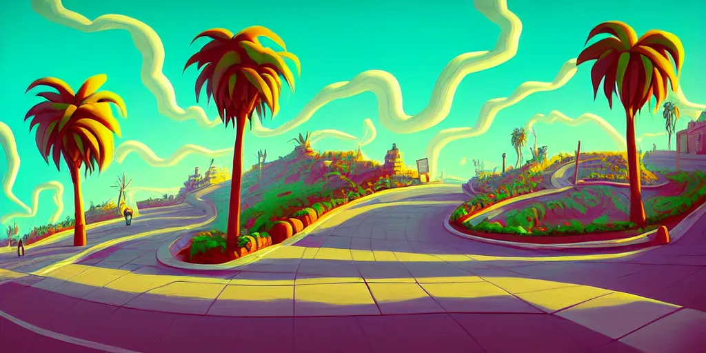 Prompt: curled perspective digital art of curvy clouds cobblestone street to a casino in top of a hill with palmtrees by anton fadeev from nightmare before christmas