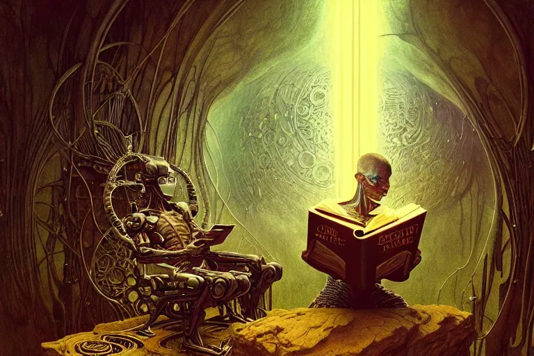 Image similar to a cyborg reading an old book, fantasy, sci - fi, intricate, elegant, dramatic lighting, highly detailed, lifelike, photorealistic, digital painting, artstation, concept art, smooth, sharp focus, illustration, art by beksinski and john blanche and paul dainton and albert aublet and artem demura and alphonse mucha