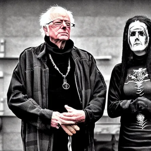 Image similar to the queen and bernie sanders in a norwegian black metal band