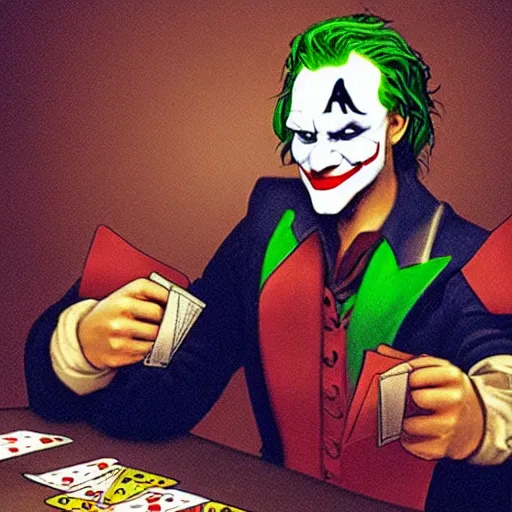 Prompt: A prince of thieves dealing cards at a poker table, wearing a joker's mask