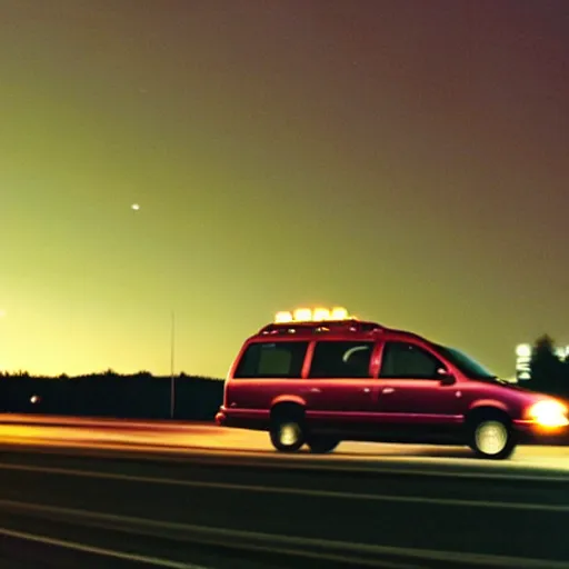 Image similar to A photograph of a 2001 Maroon Chevrolet Caravan driving on highway 411 in Perth, Ontario on a summer night, 10:20 PM, photograph taken in 2009 on a nokia flip phone