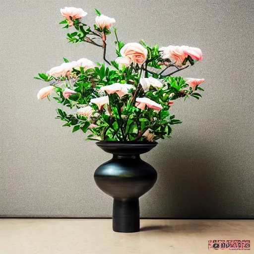 Image similar to a photo of 8k Ikebana in flower vase, ikenobo, ohararyu, sougetsu, wide angle, full body, sony a7r3, ultra detail, photorealistic, in simple background