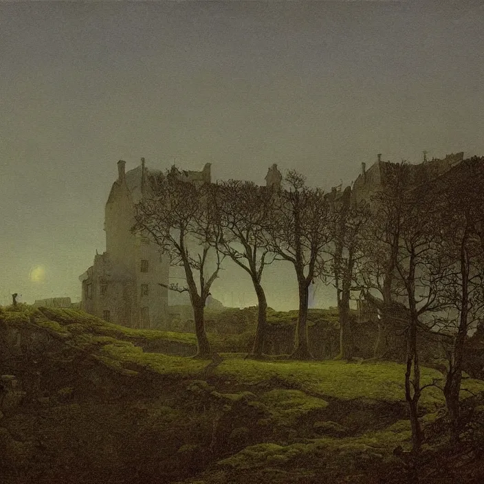 Image similar to painting of a mansion on the moorland by caspar david friedrich, at night, eerie, supernatural