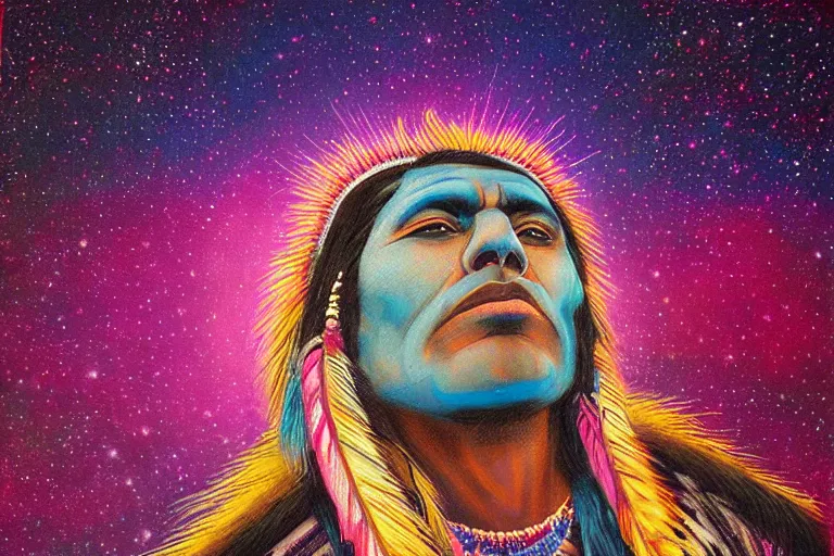 Image similar to digital art of a spiritual native american man looking up at the stars, acrylic art, universe, painting, pastel colors, synthwave, retro, cyberpunk,