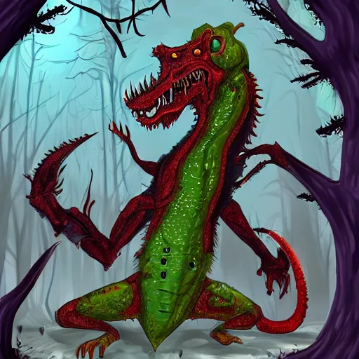 Prompt: big butcher anthropomorphic male lizardfolk posing scarily, scary angry pose, bloody, covered in blood, fresh kill, cleaver, in a forest, earie setting, lovecraft, eldritch, horror, hyperdetailed, furaffinity, furry art