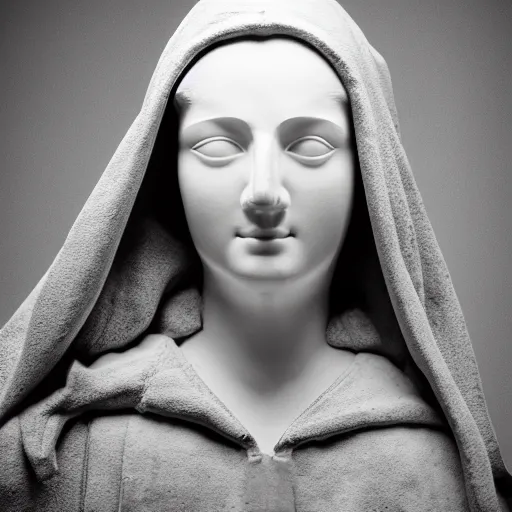 Prompt: close - up museum photo of an ancient white limestone statue in a hoodie, greece, rome, studio lighting, professional, promo,